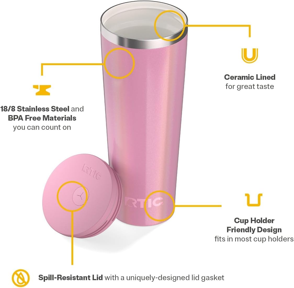 RTIC 20oz Everyday Tumbler Insulated Stainless Steel Portable Travel Coffee Cup with Straw, Ceramic Lining, Spill-Resistant Lid, BPA-Free, Hot and Cold Drink, Beach