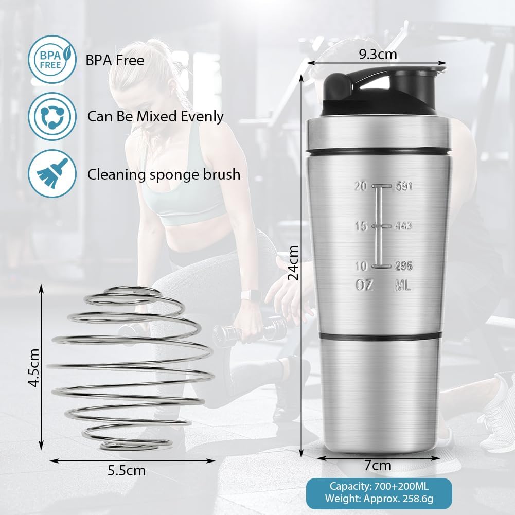 AOOWU Stainless Steel Shaker Bottle with Wire Whisk Ball 900ml, Leak Proof Metal Shaker Bottles for Protein Mixes, Supplement Protein Shake Cup, Water Bottle Portable Pre Workout Gym Sports