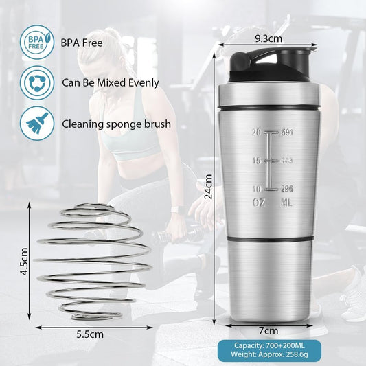 AOOWU Stainless Steel Shaker Bottle with Wire Whisk Ball 900ml, Leak Proof Metal Shaker Bottles for Protein Mixes, Supplement Protein Shake Cup, Water Bottle Portable Pre Workout Gym Sports