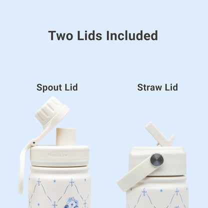 25oz Insulated Stainless Steel Aesthetic Cute Water Bottle - 2 Lids Included (Straw + Sport Handle), Leakproof BPA-Free, Dreamy Cream Cute Floral Design, Perfect Gym/Yoga/Office Companion