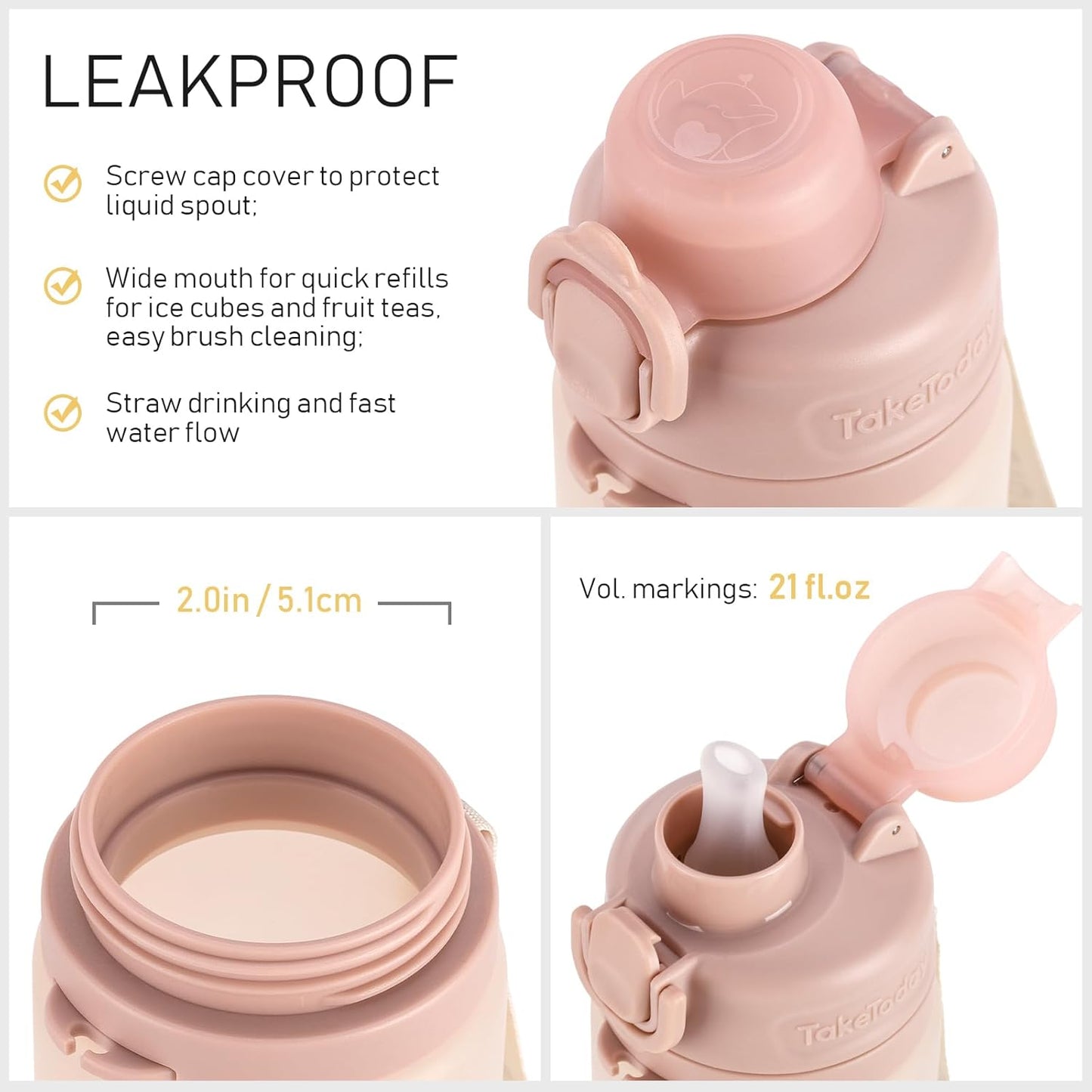 TakeToday Collapsible Water Bottles 21oz (600mL), Foldable Platinum Silicone Travel Water Bottle with Straw & Carry Strap, Leak-Resistant Screw Lid, Wide Mouth, BPA-Free for Hiking, Camping, Travel