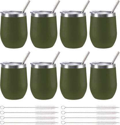 12 oz Insulated Wine Tumbler with Lid and Straw,Stainless Steel Stemless Wine Tumbler Glasses Double Wall Vacuum Wine Cups Tumbler for Coffee,Champaign,Cocktail,Office（Silver,1）