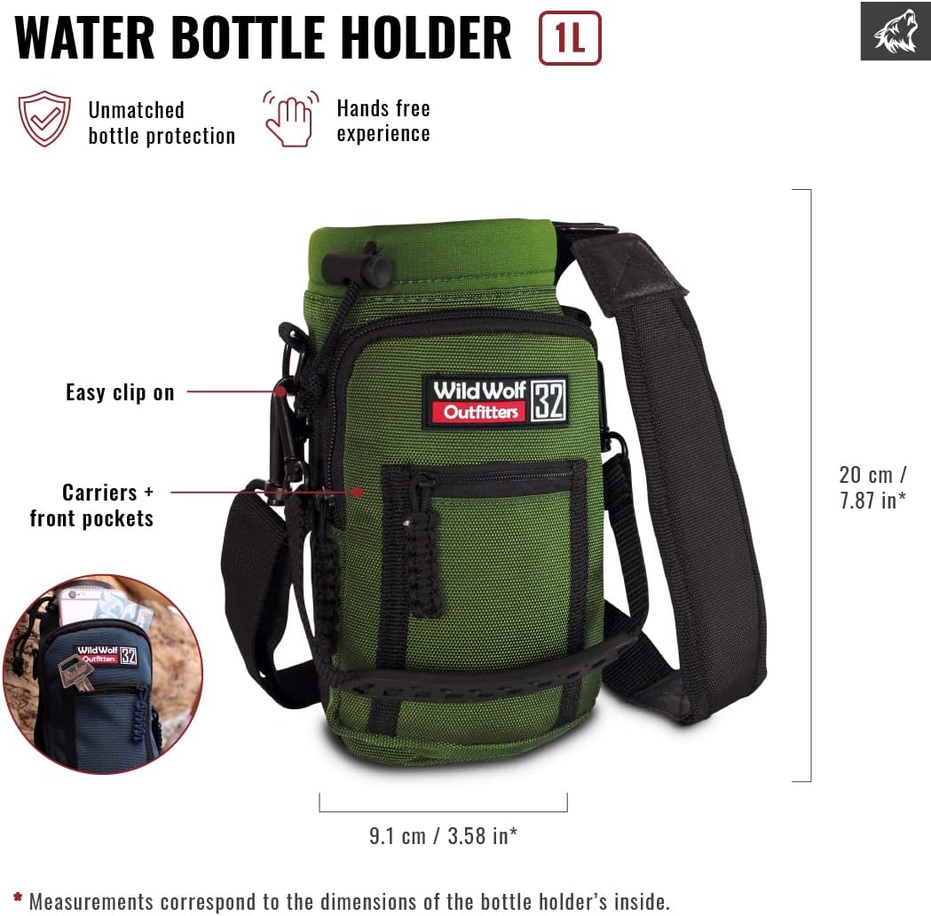 Wild Wolf Outfitters - #1 Best Water Bottle Holder for 32 oz Bottles - Carry, Protect and Insulate Your Flask with This Military Grade Carrier w/ 2 Pockets and an Adjustable Padded Shoulder Strap.