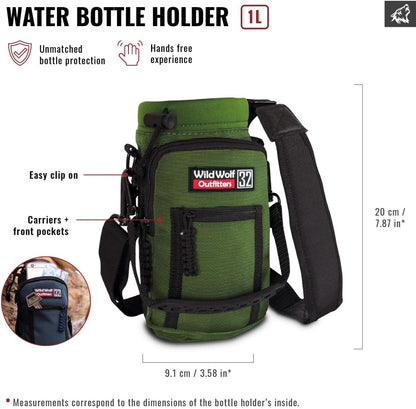 Wild Wolf Outfitters - #1 Best Water Bottle Holder for 32 oz Bottles - Carry, Protect and Insulate Your Flask with This Military Grade Carrier w/ 2 Pockets and an Adjustable Padded Shoulder Strap.