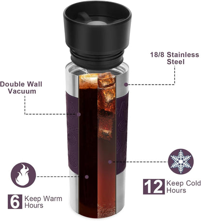 Travel Coffee Mug with 360°Lid, Travel Coffee Tumbler 16 oz Leak Proof, Stainless Steel Insulated Travel Mugs for Hot and Cold Spill Proof Leak Proof (Purple)