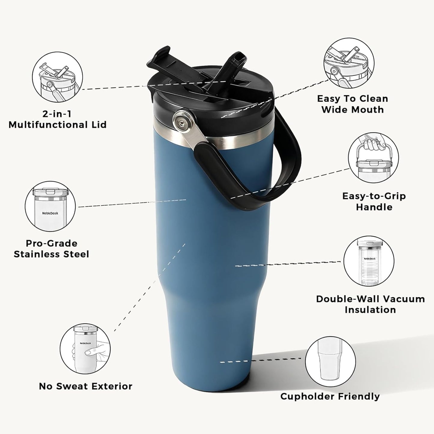 40 oz Insulated Stainless Steel Bottle with 2-in-1 Straw and Spout Lid, Water Bottle with Carry Handle Keep Cold 24H, Leak-Proof, Fits in Car Cup Holder, Travel, and School（off-White）