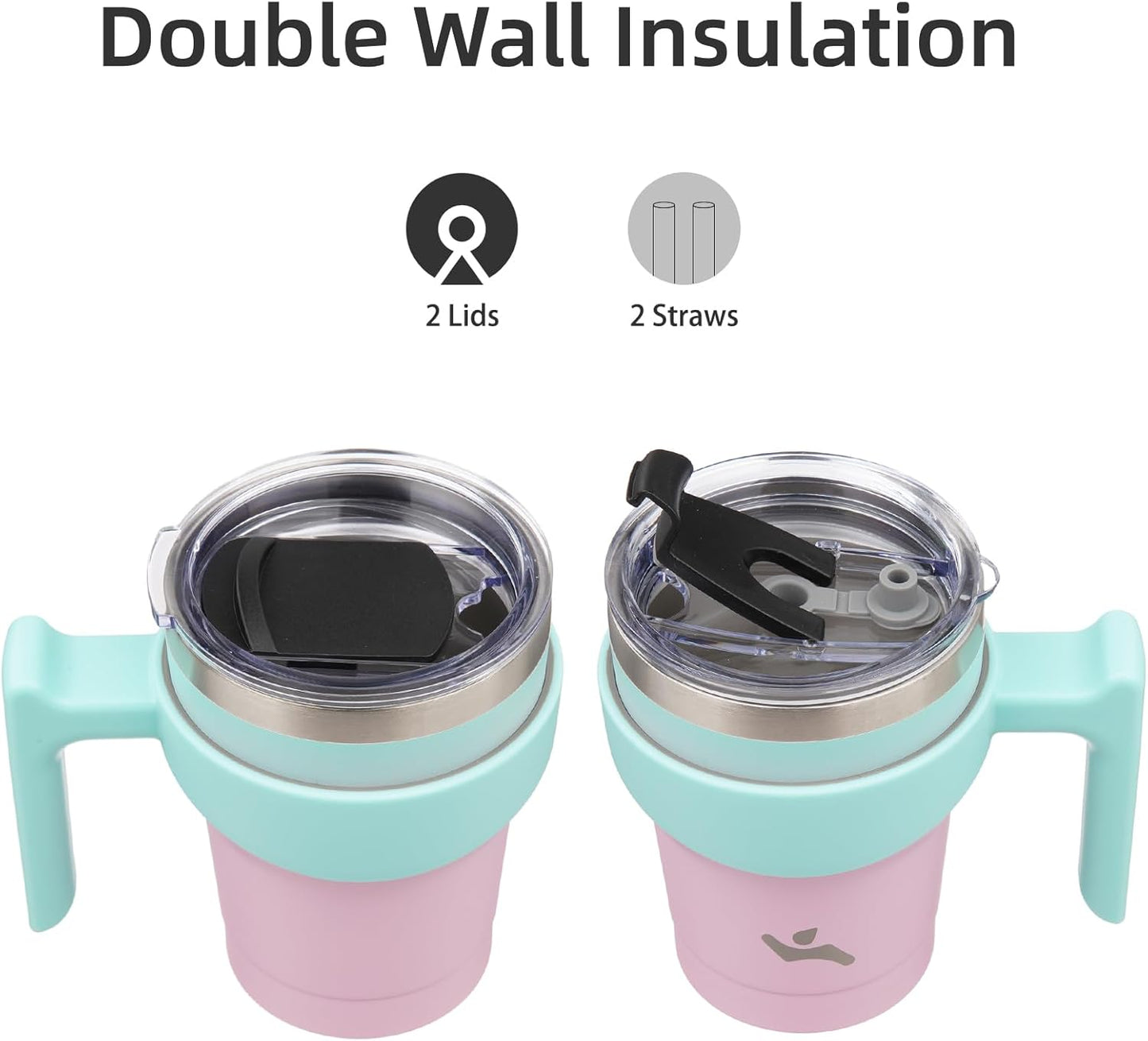 Konokyo 20 oz Tumbler with Handle and 2 Straw 2 Lid, Insulated Water Bottle Stainless Steel Vacuum Cup Reusable Travel Mug,Black
