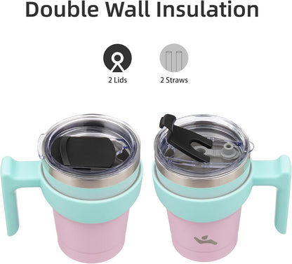 Konokyo 20 oz Tumbler with Handle and 2 Straw 2 Lid, Insulated Water Bottle Stainless Steel Vacuum Cup Reusable Travel Mug,Black