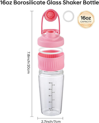 16oz Glass Shaker Bottle for Protein, Small Borosilicate Glass Protein Powder Leak-Proof Shaker Cup Mixes with 304 Blending Ball(16oz,Black)