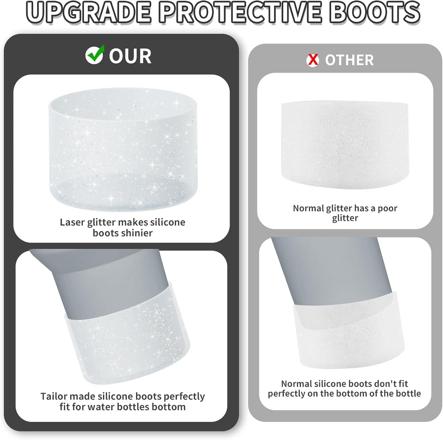 WUQID Protective Bling Silicone Boot Sleeve, Compatible with Stanley Tumbler 20-40oz & Hydro Flask Bottle 12oz-24oz, Glitter Reduces Dents Sleeve Cover for More Bottles/Tumblers Bottom of 2.83-2.95in