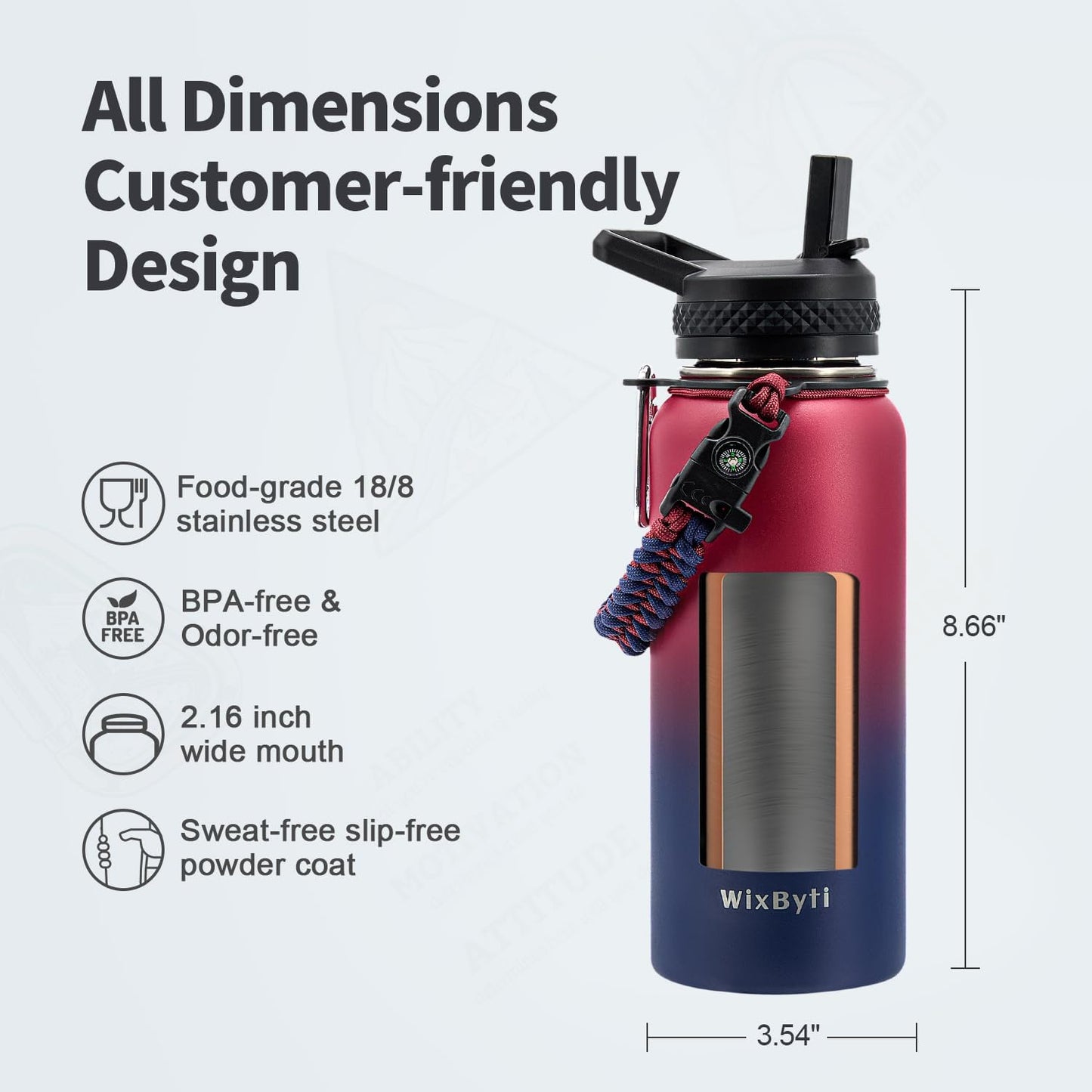 WixByti 40 oz Insulated Water Bottle with Straw (Cold for 36 Hrs), Stainless Steel Triple Wall Vacuum Sports Water Jug, Leakproof Hydro Cup Flask with Paracord Handle & Straw Spout Lids & DIY Stickers