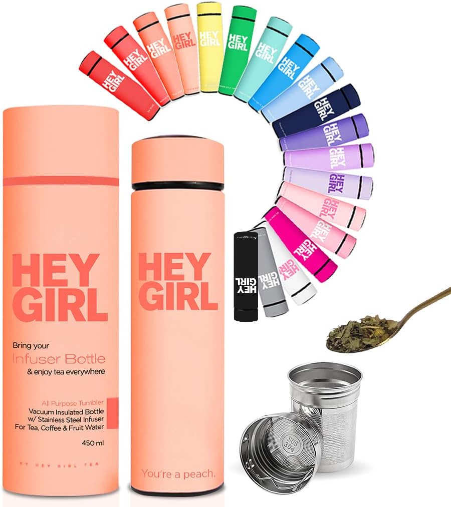 Hey Girl Tea Infuser Bottle 450ml - Insulated Stainless Steel Water Bottle - Tea Tumbler with Tea Diffuser - Portable Travel Mug for Loose Leaf Tea & Infused Water - Tea Lovers Gifts for Women (Pink)