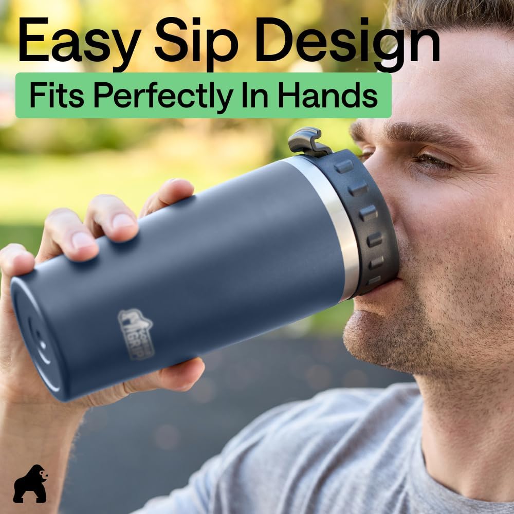 GORILLA GRIP 304 Stainless Steel Double Insulated Travel Coffee Mug, Leakproof Lid with Smooth Sip Top, Prevent Spills, Dent & Rust Resistant Reusable Tumbler Cup, Thermal Mugs for Drinks, 20oz, Black