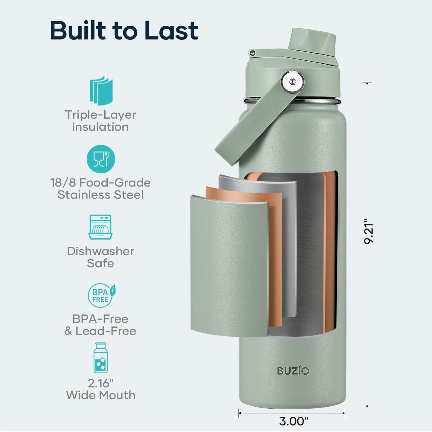 BUZIO 40oz Insulated Water Bottle, Triple Wall Vacuum Stainless Steel Water Flask with 2 lids, Lead-Free BPA-Free Straw Lid Sports Canteen Jug, Cold 48H & Hot 24H- Black - Colors A