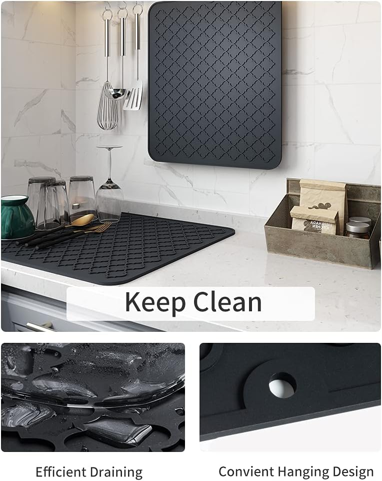 AMOAMI-Dish Drying Mats for Kitchen Counter-Silicone Dish Drying Mat-Kitchen Dish Drying Pad Heat Resistant Mat-Kitchen Gadgets Kitchen Accessories Kitchen Small Appliances(12" x 16", BLACK)