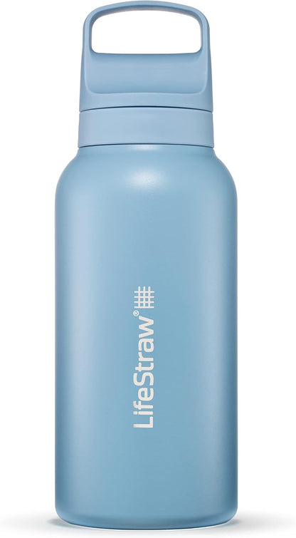 LifeStraw Go Series — Insulated Stainless Steel Water Filter Bottle for Travel and Everyday Use Removes Bacteria, Parasites and Microplastics, Improves Taste, 1L Aegan Sea