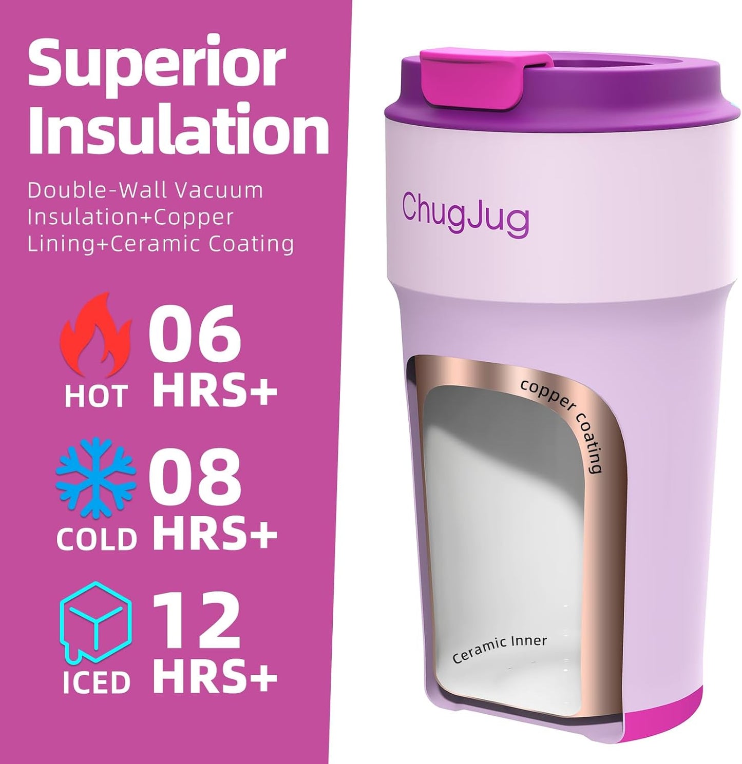 16 oz Travel Coffee Mug with Ceramic Coating, Leak-Proof Vacuum Insulated Coffee Tumbler with Lid, Reusable Double Wall Stainless Steel Travel Cup for Hot& Cold Drinks (Violet Dream)