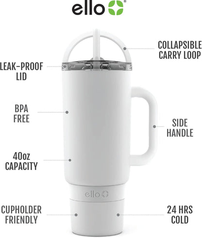 Ello Port 40oz Tumbler with Carry Loop & Integrated Handle, Vacuum Insulated Stainless Steel Reusable Water Bottle, Travel Mug with Leak Proof Lid & Straw, Perfect for Iced Coffee & Tea, White