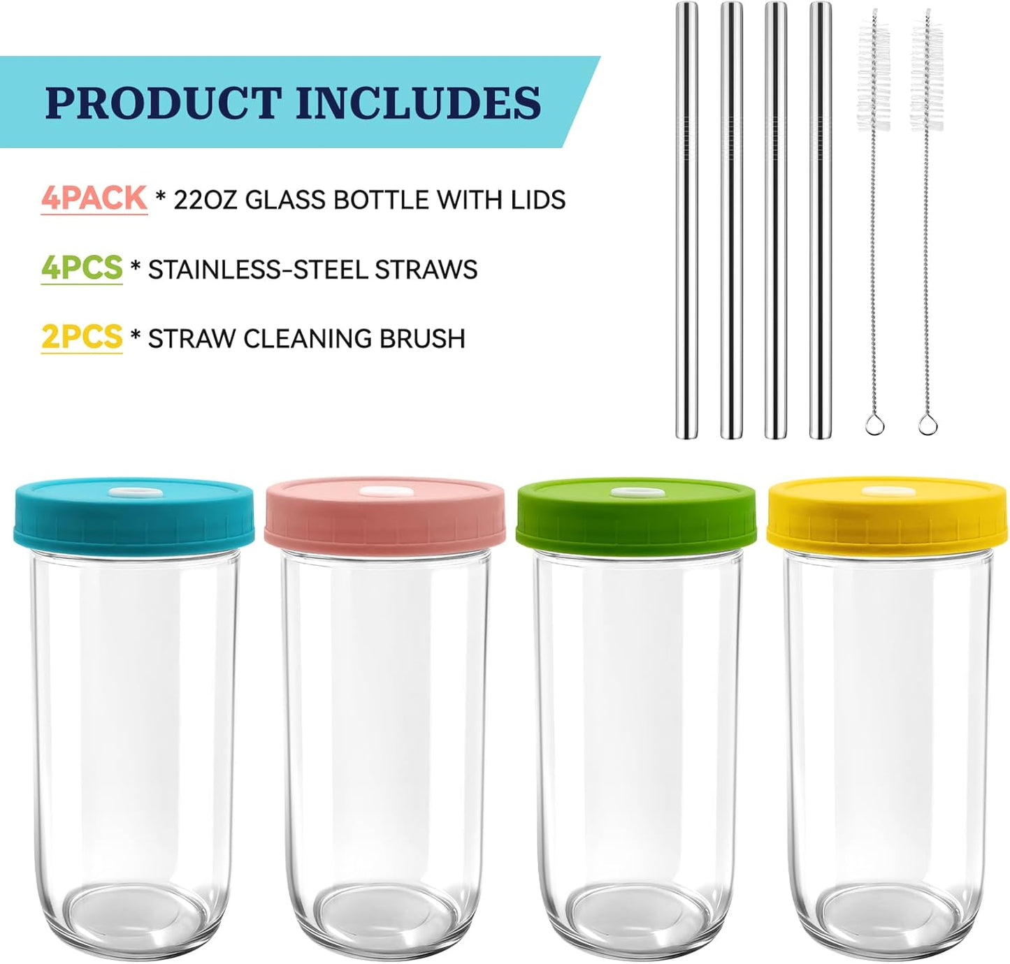 4 Pack Reusable Boba Cup 22OZ Wide Mouth Mason Jar Glass Cup - Iced Coffee & Smoothie Cups with Lids and Straws for Drinking Liquid, Milkshake, Boba & Matcha Tea