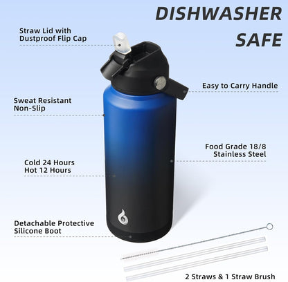 BJPKPK Insulated Water Bottle with Straw Lid, 18oz Thermo Water Bottles with Soft Nozzle, Flex Handle & Non-slip Boot, BPA Free Leak Proof Stainless Steel Metal Thermo, Tumblers, Cups,Sea Salt