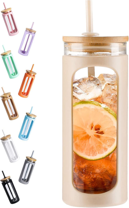 Kodrine 20oz Glass Water Tumbler with Straw and Lid, Bamboo Lids Water Bottle, Iced Coffee Cup Reusable, Wide Mouth Smoothie Cups with Protective Silicone Sleeve BPA FREE-Black - Colors B