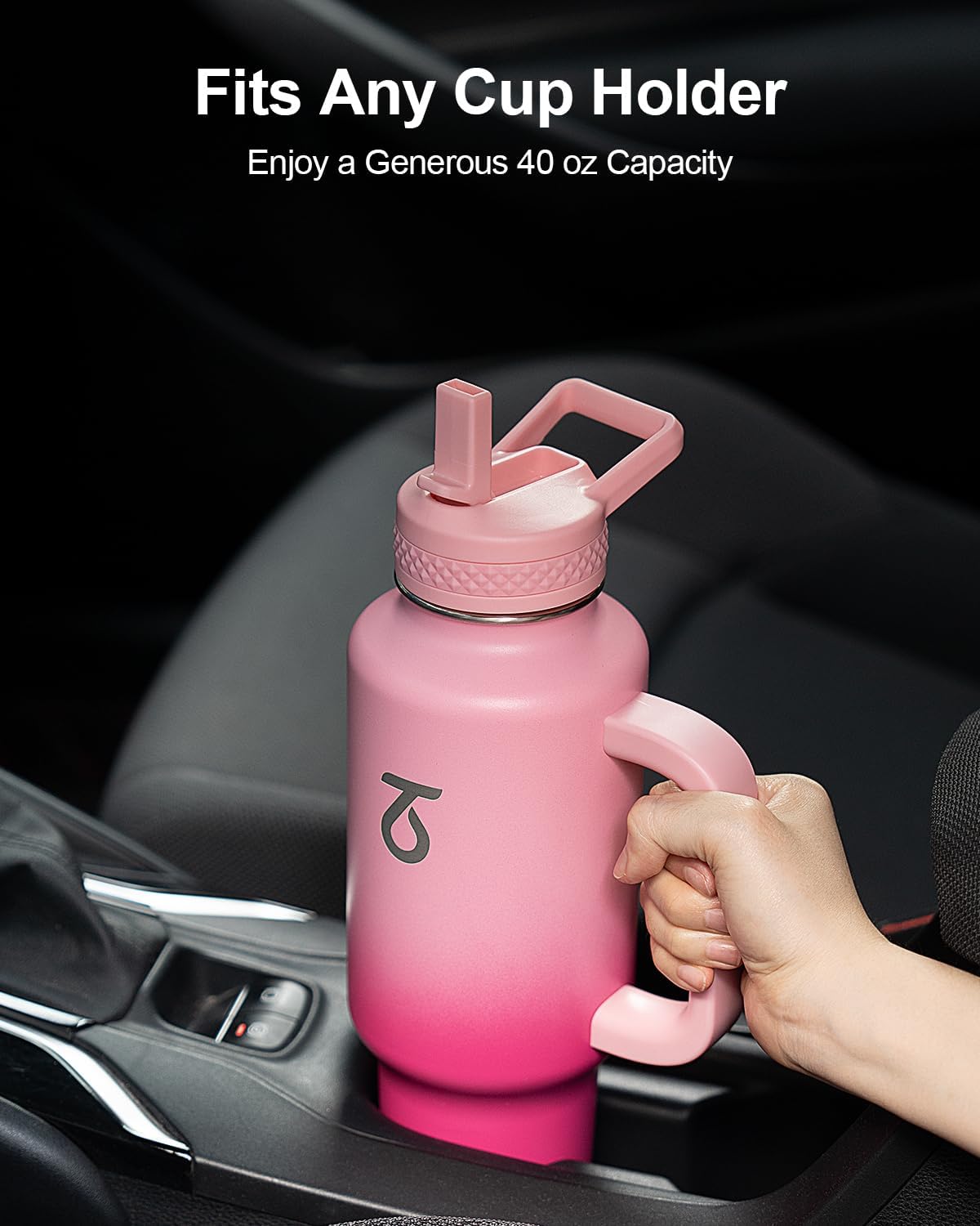 Trebo 40 oz Water Bottle Insulated Fit Car Cup Holder with Handle, Stainless Steel Water Bottles Tumbler with Spout Straw Lids, Double Wall Travel Reusable Flask, Leakproof Mug,Keep Cold &Hot,Black