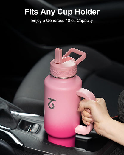 Trebo 40 oz Water Bottle Insulated Fit Car Cup Holder with Handle, Stainless Steel Water Bottles Tumbler with Spout Straw Lids, Double Wall Travel Reusable Flask, Leakproof Mug,Keep Cold &Hot,Black