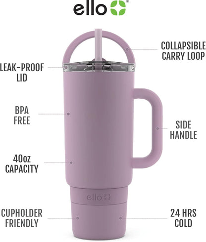 Ello Port 40oz Tumbler with Carry Loop & Integrated Handle, Vacuum Insulated Stainless Steel Reusable Water Bottle, Travel Mug with Leak Proof Lid & Straw, Perfect for Iced Coffee & Tea, White