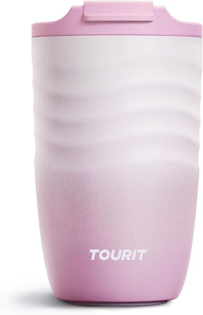 TOURIT 16 oz Travel Coffee Mug, Vacuum Insulated Stainless Steel Tumbler with Ripple-Wave Anti-Slip Grip, Built-in Silicone Bottom for Quiet & Stable, Leak-Proof Lid, Fits Car Cup Holder, Khaki