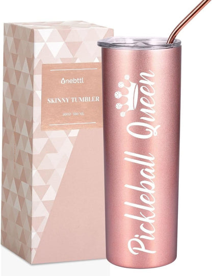 Onebttl Pickleball Gifts for Women - 20 oz Stainless Steel Skinny Tumbler with Lid, Pickleball Queen (Rose Gold)