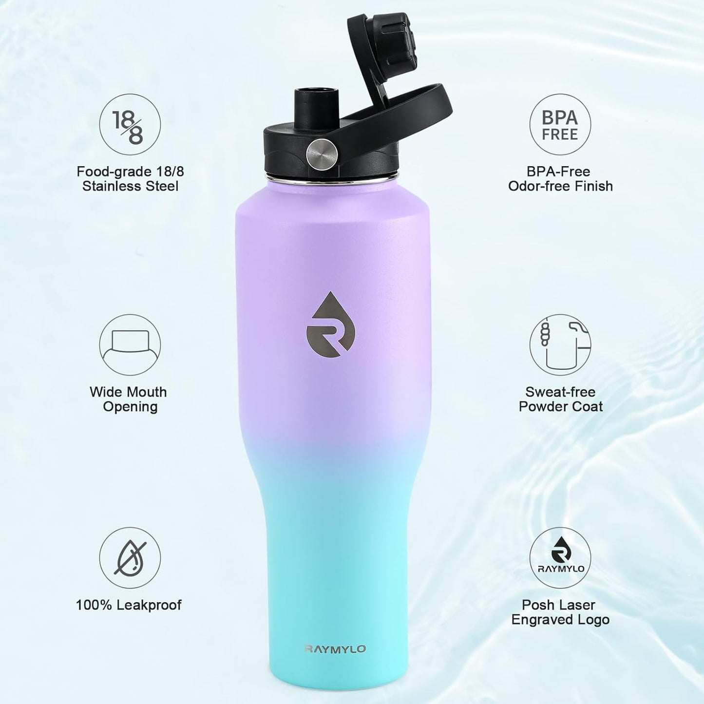RAYMYLO 40 oz Insulated Water Bottle with Straw fit in Car Cup Holder, Triple Wall Vacuum Stainless Steel(Cold 48 hrs, Hot 24 hrs), Leakproof & Non-BPA, Hydro Travel Flask with Straw and Spout Lid