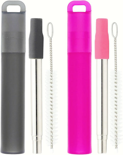 NAIVELY-Metal Reusable Straws 3 Pack Collapsible Portable Stainless Steel Drinking Straw Telescopic Travel Straw, with Case and Cleaning Brush Foldable Pocket Straws