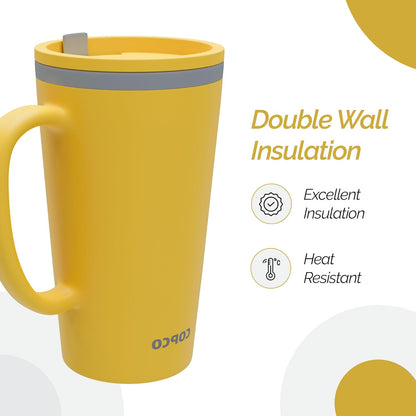 Copco Cone Desk Mug, 16 oz - Double Wall Insulated Coffee Mug with Twist-Off Lid, Handle & Slide Tab - Travel-Friendly Cup for Hot or Cold Drinks, BPA-Free, Microwave & Dishwasher Safe (Brown)