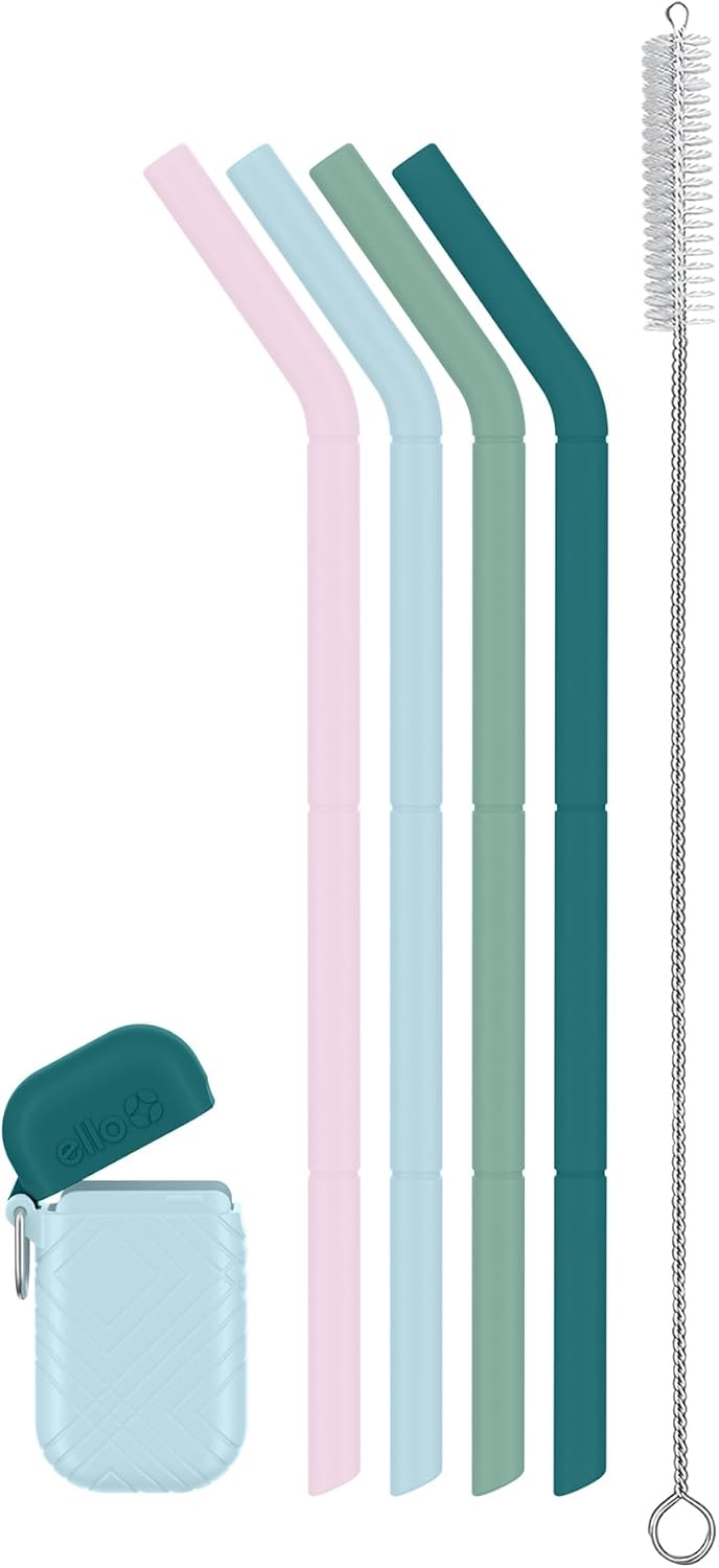 Ello Impact Pack of Reusable Silicone Straws with Fold & Store Carry Case, Portable Drinking Straw for Party Travel Cruise Ship, Includes Straw Cleaning Brush, Dishwasher Safe, BPA-Free