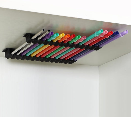 Baderke Straw Holder for Cabinet Reusable Straw Organizer with Double Sided Adhesive Tape Screws Storage Container for Kitchen Counter Cupboard(White,Classic)