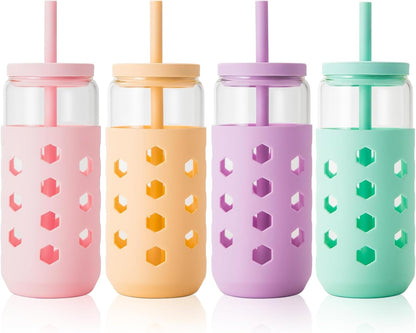 Mrsdry Glass Cups with Lids and Straws (4 Pcs), 16oz Drinking Glasses Set with Silicone Sleeves for Coffee Bar Accessories Iced Coffee Cups with Lids, Glass Tumbler Reusable for Gifts