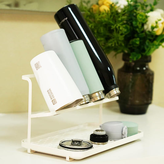Countertop Kitchen Bottle Drying Rack with Drain Tray, 12.4 x 7.09 inch Counter Organizer, for Insulated Water, Baby Bottles and More - White