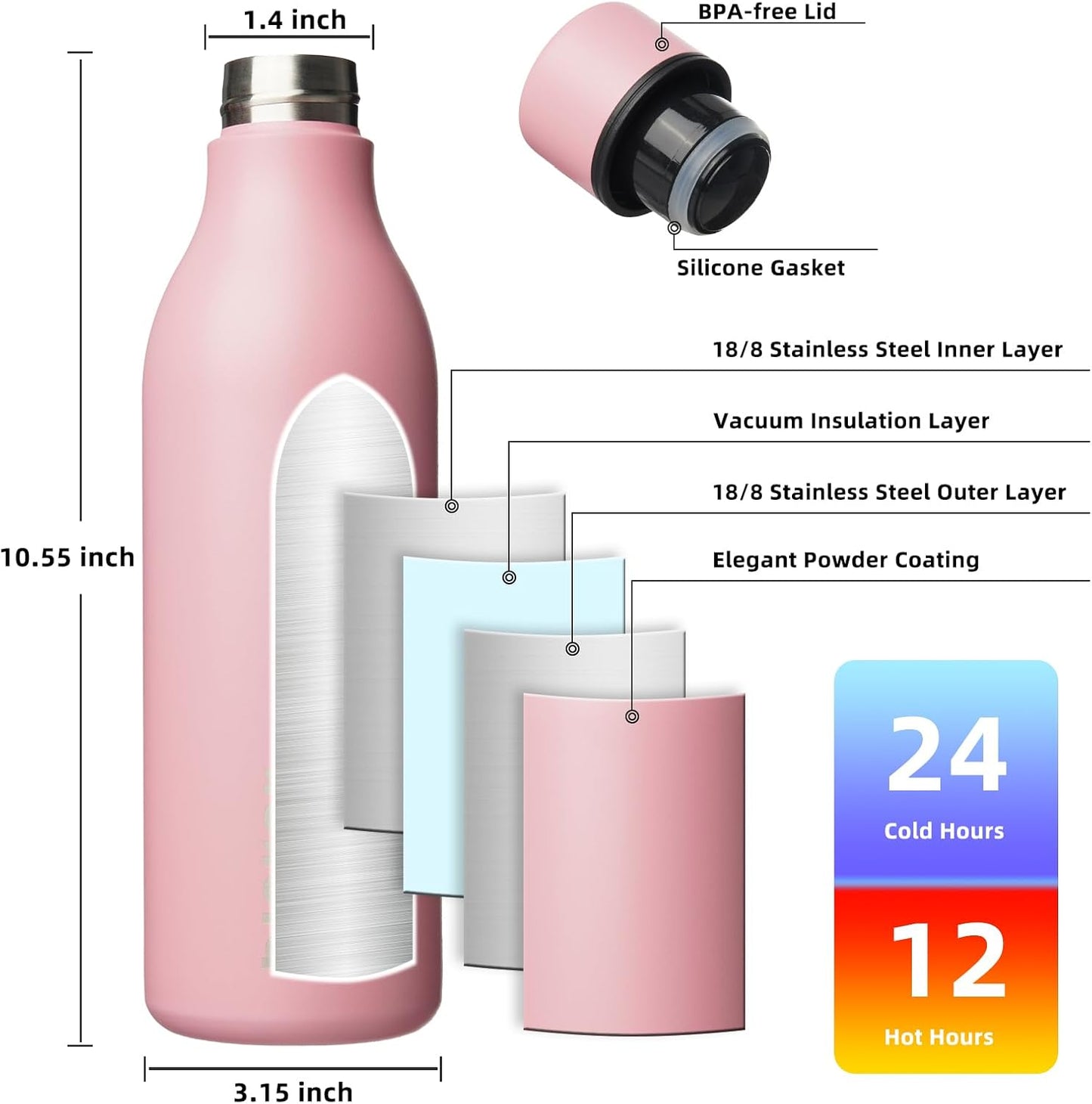 BJPKPK Insulated Water Bottles, 18 oz Stainless Steel Metal Water Bottle with Strap, BPA Free Leak Proof Jugs, Mugs, Flasks, Reusable Thermal Flasks for Sports & Travel, Black - Colors B