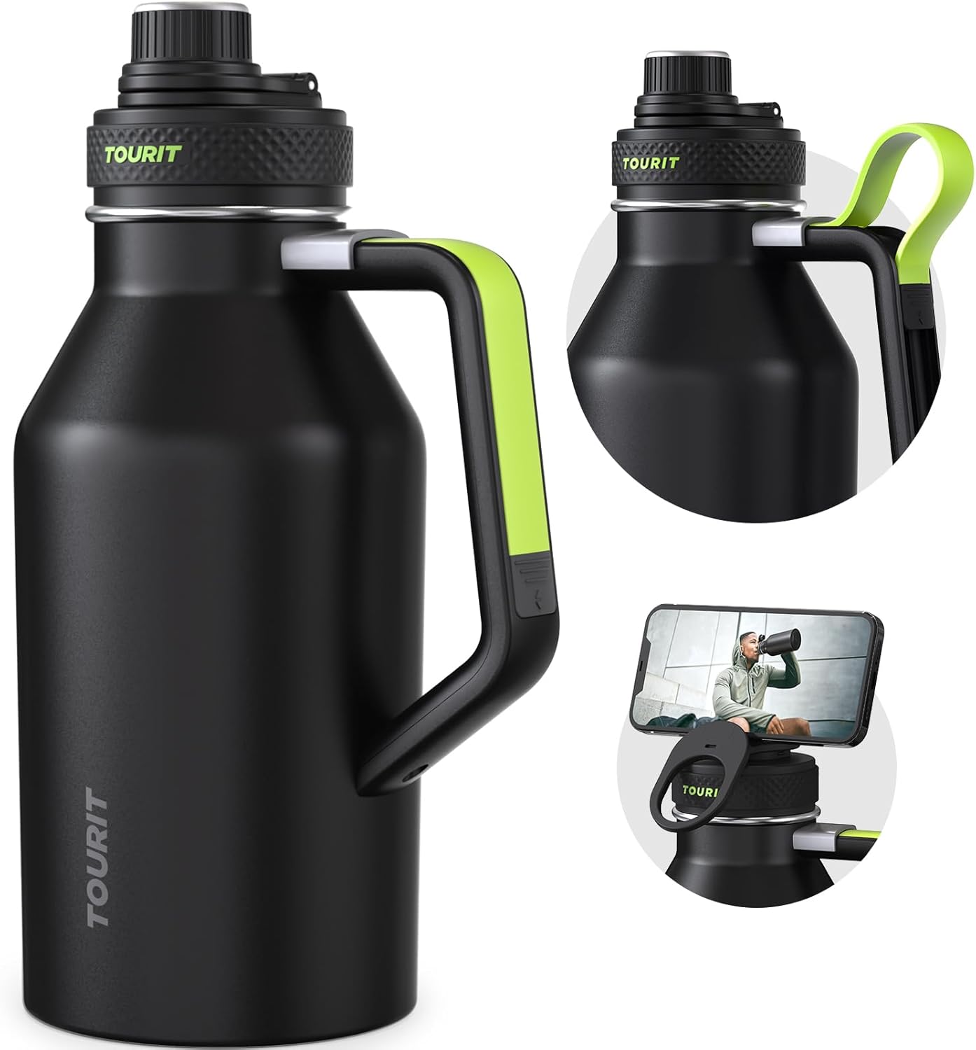 TOURIT 32oz Stainless Steel Wide Mouth Water Bottle, Double-Wall Vacuum Insulation with Spout Lid for Sports and Travel, Black