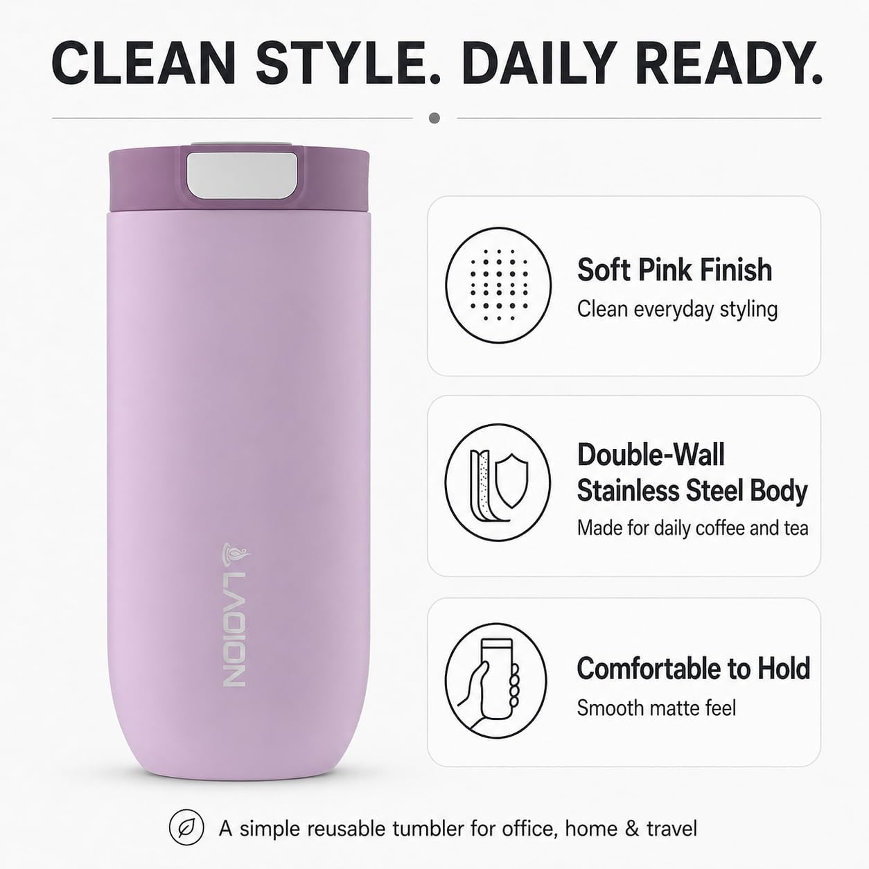 LAOION 17 oz Insulated Coffee Tumbler, Stainless Steel Travel Coffee Mug with Slider Lid, Reusable Iced Coffee Cup for Office, Car, Commute, Gray
