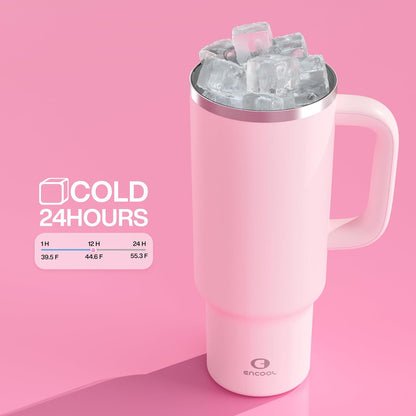 40 oz Tumbler with Handle and Straw: Stainless Steel Insulated Tumbler Keeps Cold for 24 Hours, Leakproof Travel Cup Fits in Cup Holder and BPA-Free, Cotton Candy