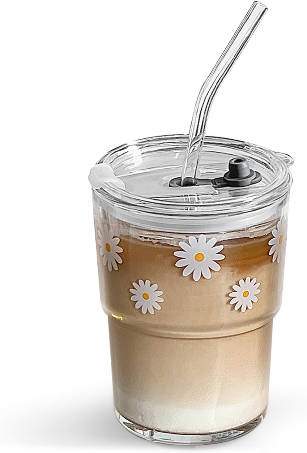 Olvini 13oz Glass Tumbler with Straw and Lid, Reusable Iced Coffee Cup Tumbler, Cute Glass Cups for Water, Matcha, Travel Coffee Mugs (Daisy)