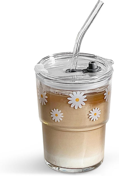 Olvini 13oz Glass Tumbler with Straw and Lid, Reusable Iced Coffee Cup Tumbler, Cute Glass Cups for Water, Matcha, Travel Coffee Mugs (Daisy)