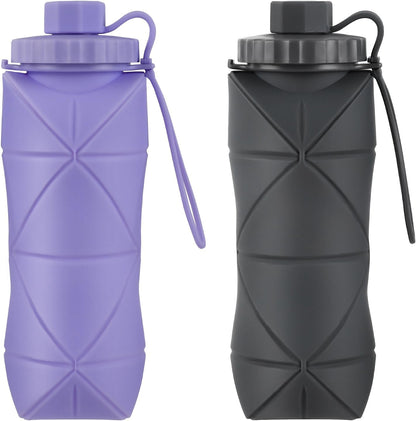 YCT Collapsible Water Bottle 17oz（500ml），Travel Portable Sport Water Bottle，Reusable Silicone Foldable Water Bottles for Gym Camping Hiking (Purple+Black)