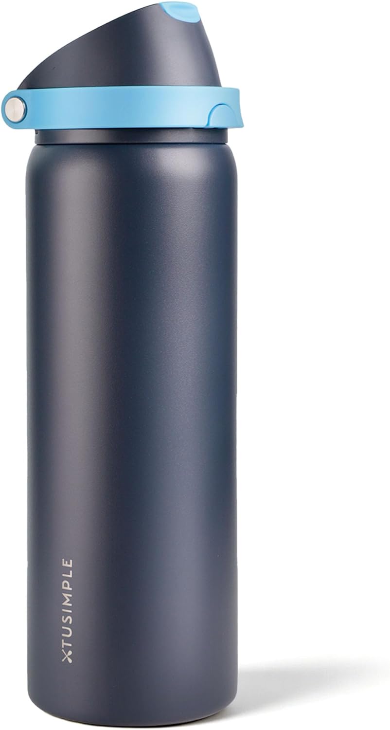 24 oz Stainless Steel Water Bottle with 2-in-1 Quick Flip Straw and Push Button Spout Lid, Fits Car Cupholder, Triple Walled Vacuum Insulated Metal Leakproof, for Gym, Hiking, Trip, Black
