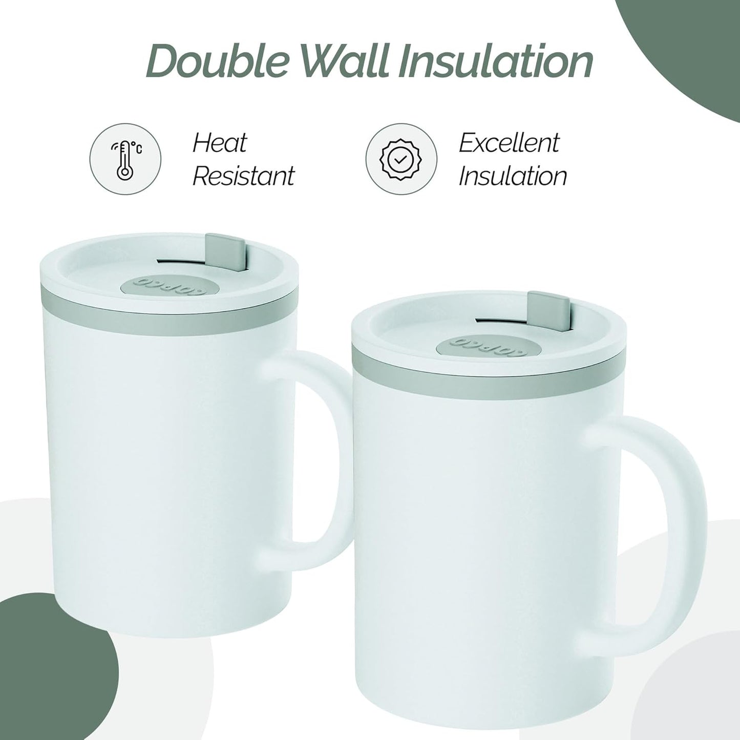 Copco Iconic 16oz Double Wall Insulated Desk Mug with Lid & Handle, Set of 2, BPA-Free Reusable Plastic, Spill-Resistant, Microwave & Dishwasher Safe, Wide Mouth (Grey)