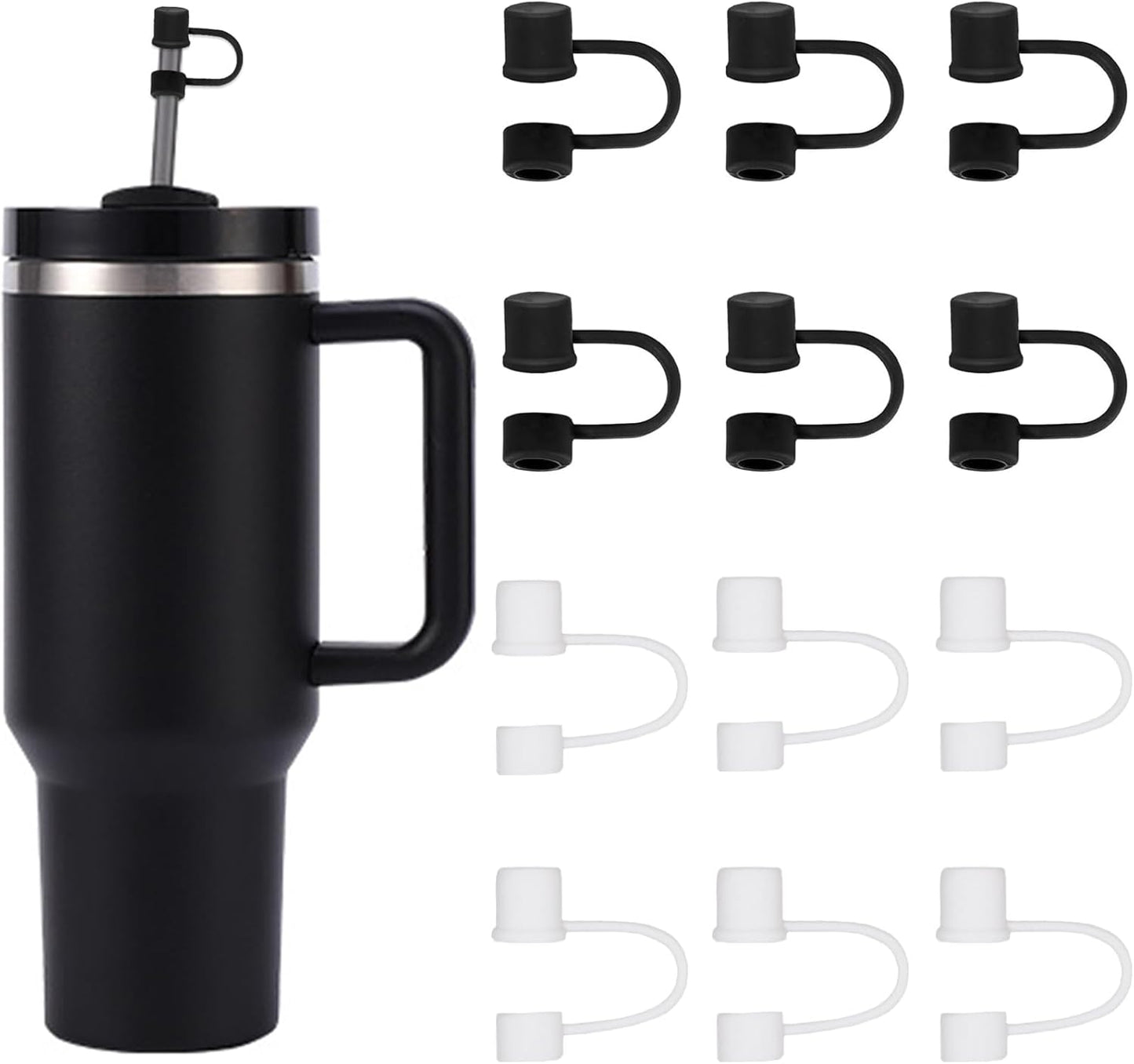6PCS Silicone Straw Covers Cap Compatible with Stanley Cup 30-40 oz Tumbler with Handle 10mm Straw Toppers，Dust-Proof Reusable Straw Cover for Stanley Cup Accessories (Black)