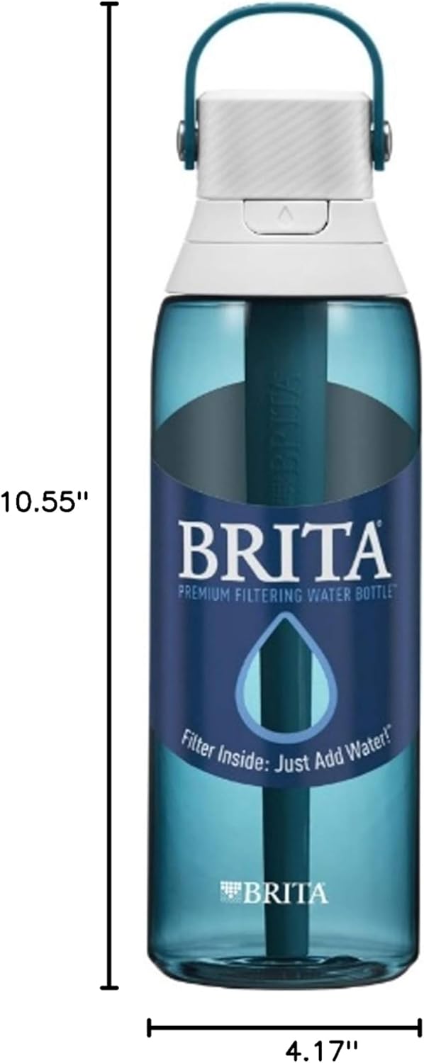 Brita Hard-Sided Plastic Premium Filtering Water Bottle, BPA-Free, Reusable, Replaces 300 Plastic Water Bottles, Filter Lasts 2 Months or 40 Gallons, Includes 1 Filter, Sea Glass - 26 oz.