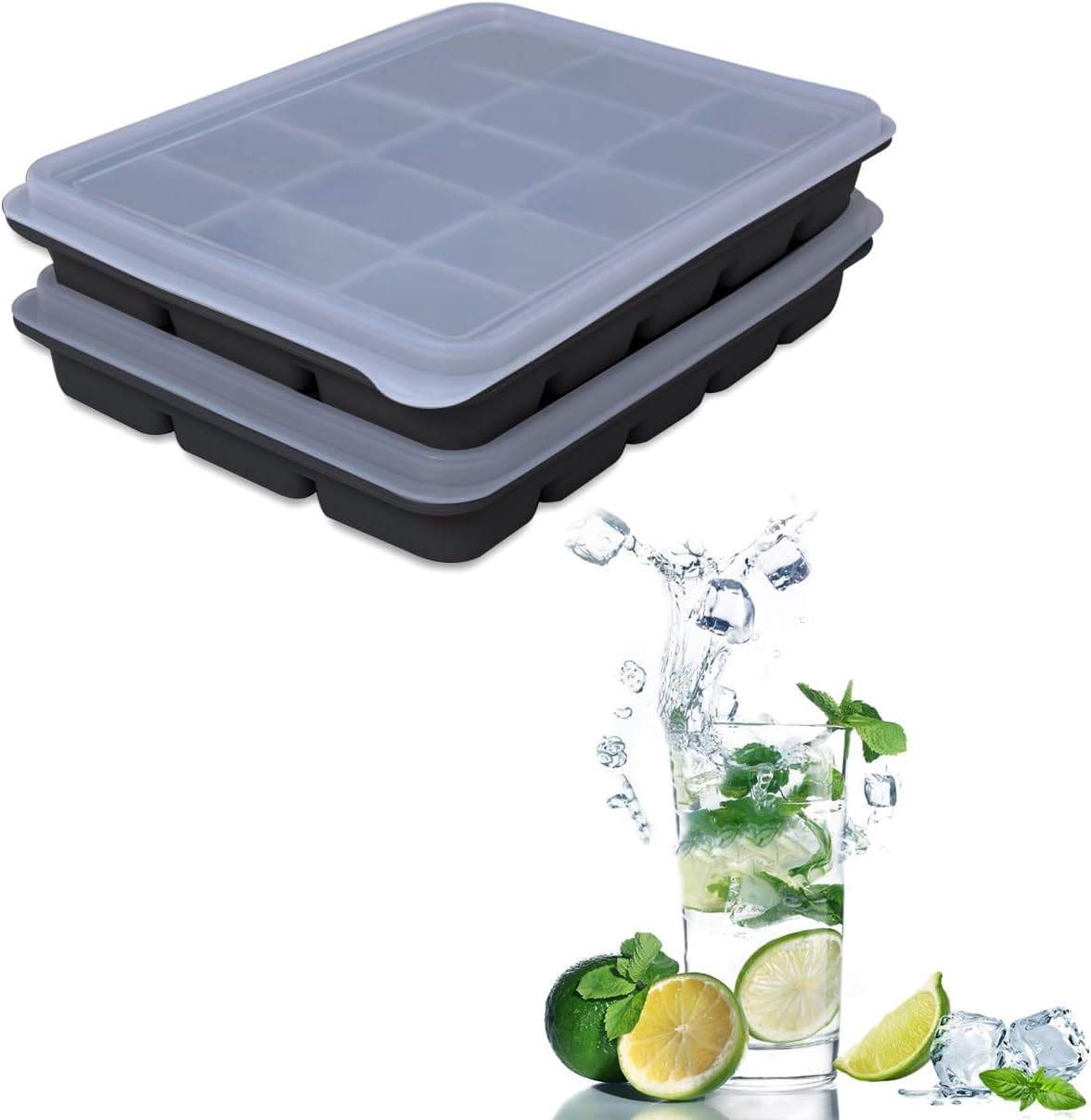 Ice Cube Trays Set of 2, Easy Release 15 Flexible Silicone Ice Cube Molds with Removable Lid Reusable Freezer Ice Trays Stackable for Whiskey, Baby Food, BPA Free (BAMBOO GREEN)
