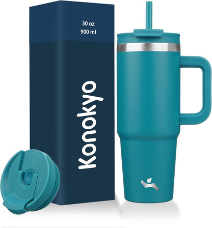 Konokyo 30 oz Tumbler with Handle and 2 Straws,2 in 1 Lid Insulated Water Bottle Stainless Steel Travel Coffee Mug,Sky
